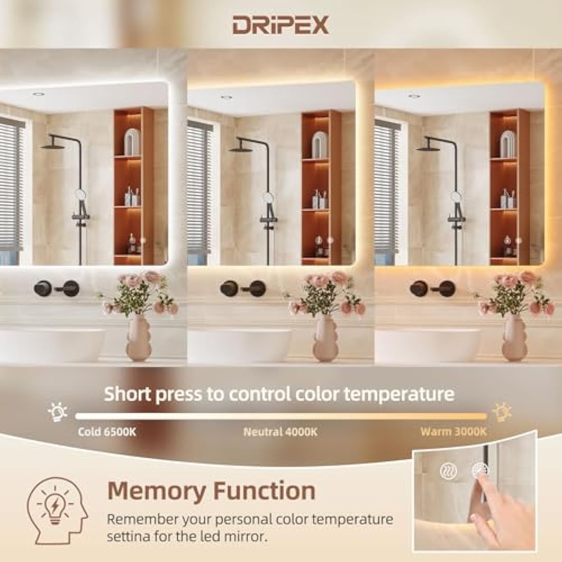 Dripex LED Bathroom Mirror with Lights, 600 * 1000 MM Light up Backlit Mirror Bathroom Anti Fog Illuminated Mirrors Dimmable Switch with 3 Colors,Horizontal/Vertical