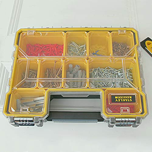 STANLEY FATMAX Waterproof 10-Compartment Deep Professional Tool Organiser, Removable & Stackable Deep Storage Cups with Transparent Lid, for Small Parts and Tools Storage, 1-97-521