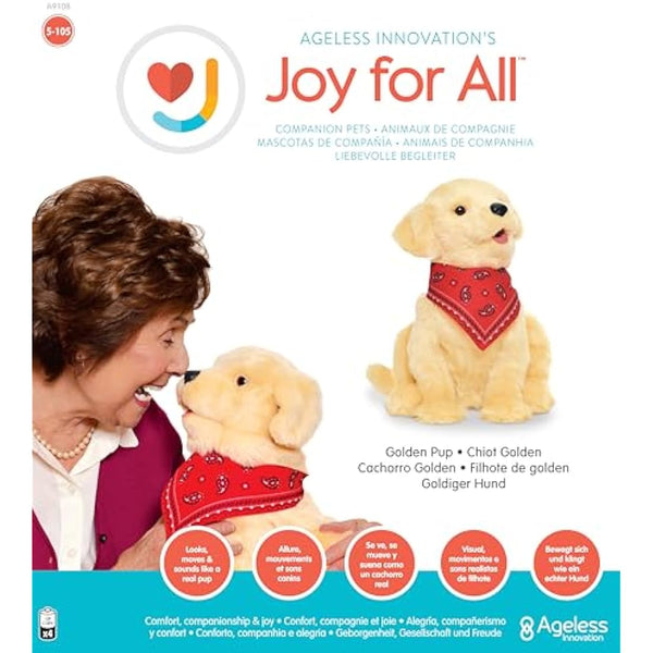 Ageless Innovation Joy For All Interactive Pet Dog - Lifelike & Realistic Companion with Soft Fur, Head and Tail Movements, Real-Feel Heartbeat and Two-Way Barkback Technology - Golden Pup