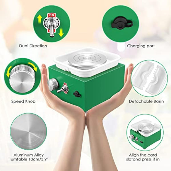 Mini Pottery Wheel 2000RPM Electric Pottery Wheel with Removable ABS Basin and 6.5cm-10cm Turntable Fingertip Clay Wheel Adjustable Speed Clay Tool Machine for Art Craft Gift (Green)