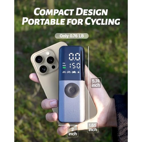 Electric Bike Pump, 150Psi Portable Bicycle Tire with Digital Pressure Gauge for E-Bike, Motorcycle with Presta, Schrader, Dunlop Valve Accessories