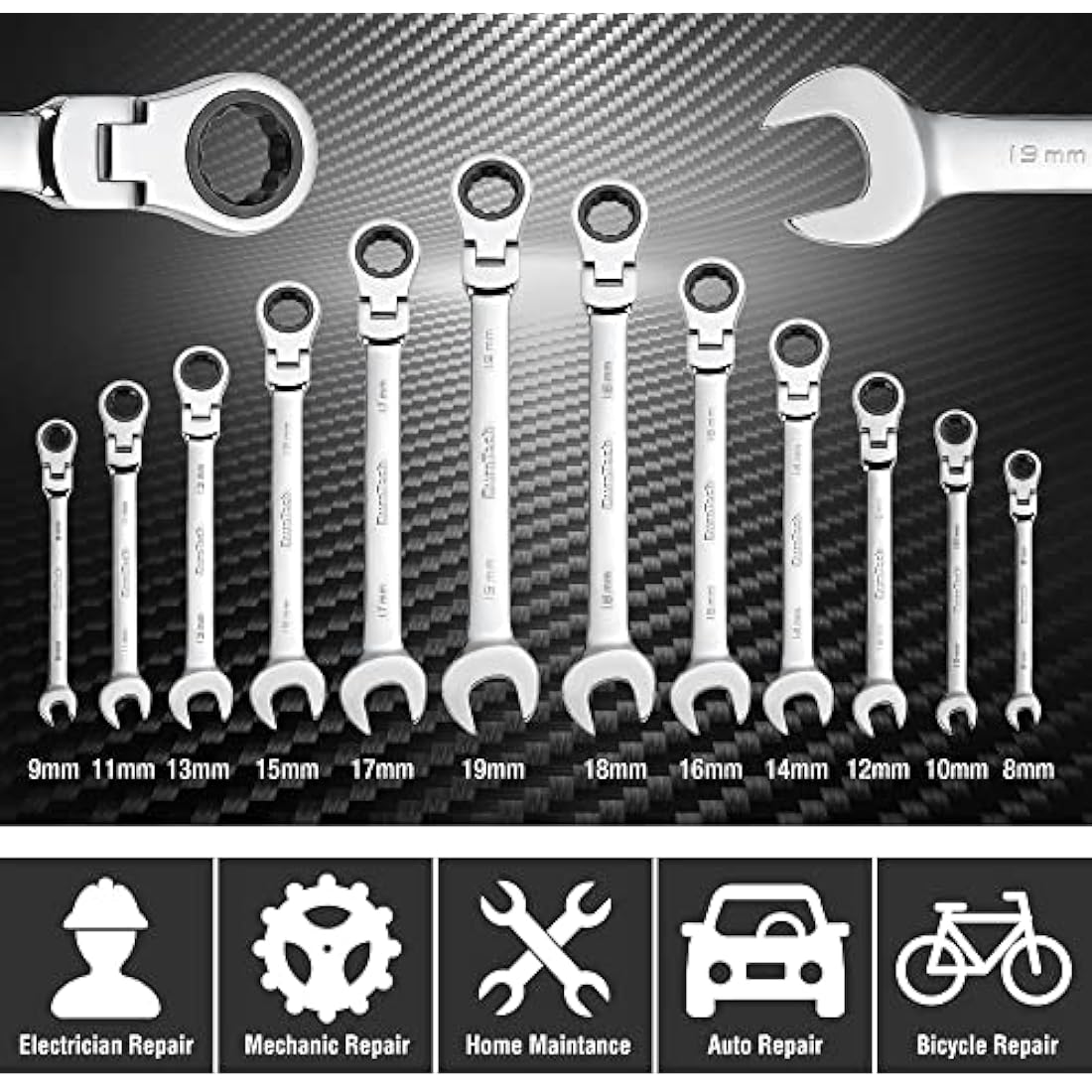 DURATECH Flex-Head Ratchet Spanner Set, 12-Piece Combination Wrench Set with 72 Tooth Ratchet Gear, Chrome Vanadium Steel, Metric, 8-19mm