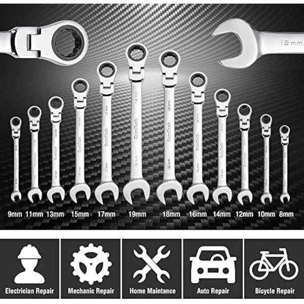 DURATECH Flex-Head Ratchet Spanner Set, 12-Piece Combination Wrench Set with 72 Tooth Ratchet Gear, Chrome Vanadium Steel, Metric, 8-19mm
