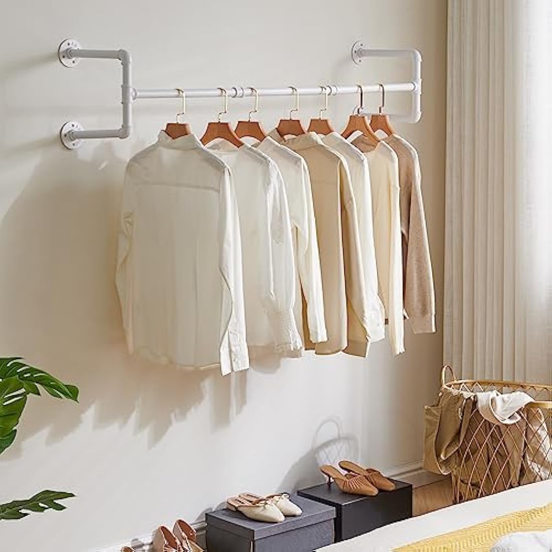 IBUYKE 50" Wall Mounted Coat Rack Industrial Design Wall Mount Removable Clothes Rack Space Saving Rack Load up to 60kg Four Bases White TYJ002W