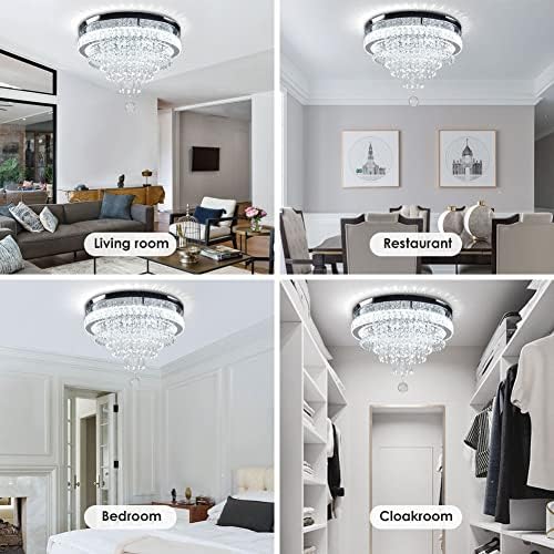 FRIXCHUR 19.7'' Crystal Chandelier Ceiling Light Living Room Modern Bedroom Chandeliers LED Flush Mount Light Fixture for Kitchen Hallway Bathroom with Remote Control (Stepless-Dimmable)