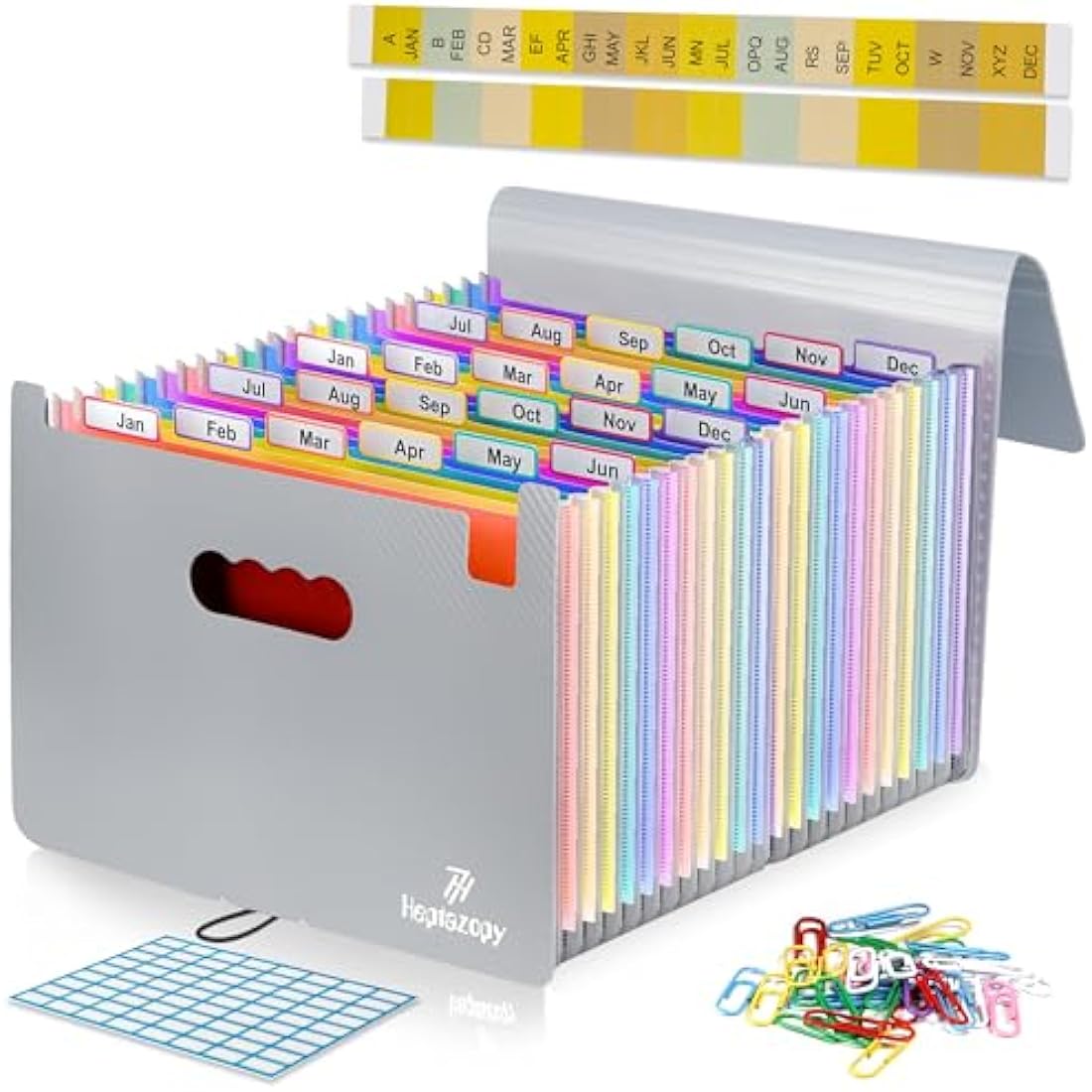 File Organiser, 26 Folders for Paperwork A4 with Clips, Unique Design, 34 x 25 x 4 cm Quality PP Document Organiser, Flap & Elastic Cord Closure Comes with Labels, Tags & Sticker Card (Gray)
