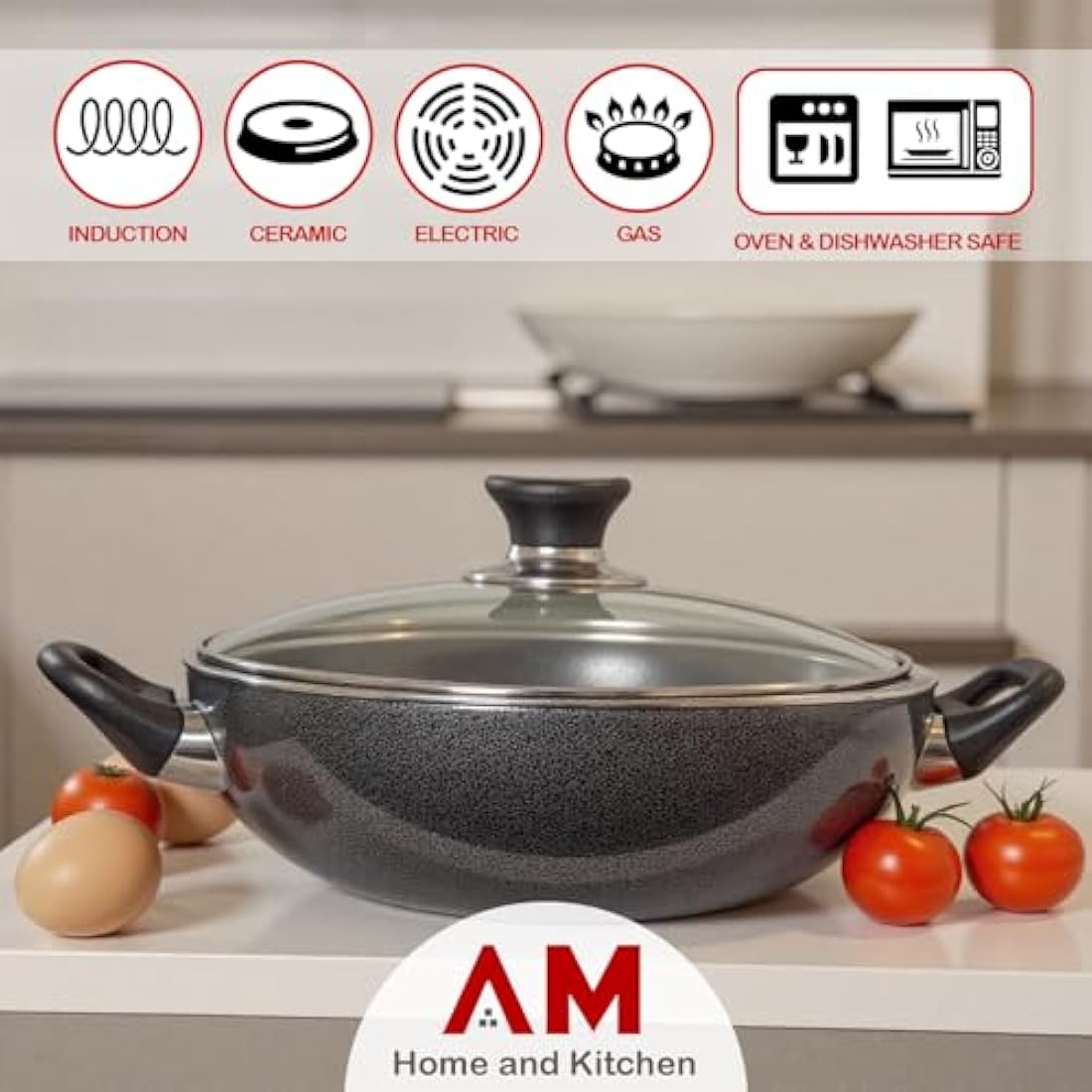 AM Home and Kitchen: 36cm Induction Wok Non Stick with Lid | Versatile Deep Frying Pan, Cookware, Saucepan, PaellaPan, Stock Pot, Stir-Fry & GriddlePan,Glass Lid with Steam Vent