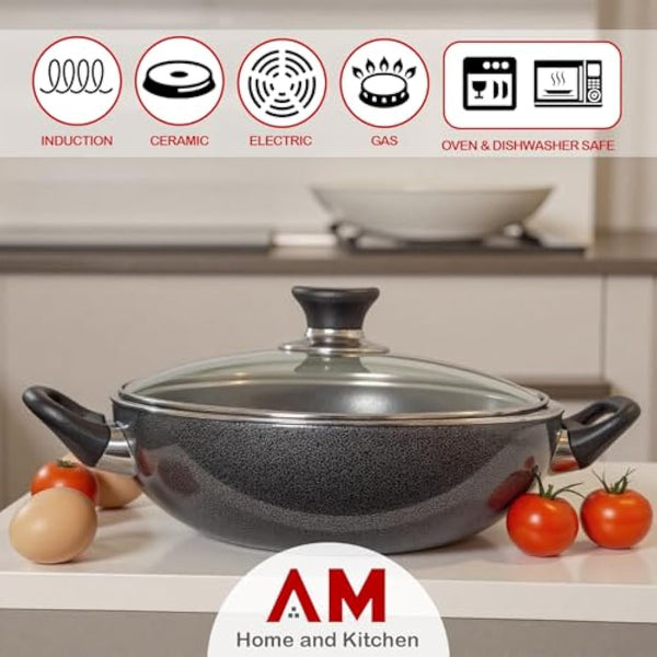 AM Home and Kitchen: 36cm Induction Wok Non Stick with Lid | Versatile Deep Frying Pan, Cookware, Saucepan, PaellaPan, Stock Pot, Stir-Fry & GriddlePan,Glass Lid with Steam Vent