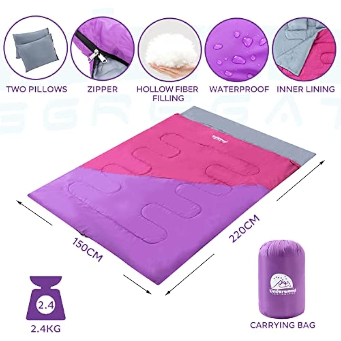 Double Sleeping Bag for Adults and Kids - Lightweight SleepingBag with 2 Pillows, 2 Man Large Sleeping bag for Camping, Waterproof 3 Season Sleeping Bag for Outdoor, Hiking by Underwood-Aggregator