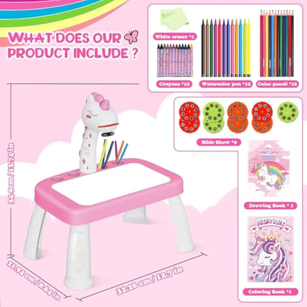 Girls Toys Drawing Projector Table for Kids with 72 Patterns Unicorn Gifts Toy for 3 4 5 6 7 8 Year Old Girls Boys Kids Drawing Supplies with Crayons,Scrapbook,Sticker Book,Stickers,Stamps