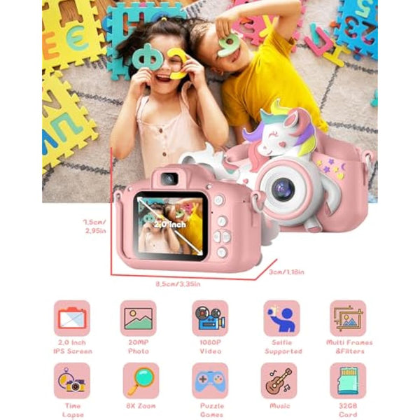 Gofunly Kids Camera, 1080P HD 2.0" Digital Camera for Kids with 32GB Card, Selfie Toy, Birthday Gift for Girls Ages 3-12