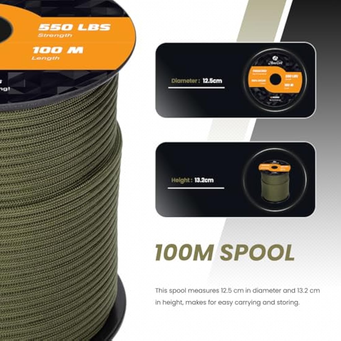 Abma Cord Paracord 550 4mm 100m 100% Nylon Rope Type III 7 Strands Parachute Cord for DIY, Camping, Survival, Outdoor - Max. 250kg - Army Green
