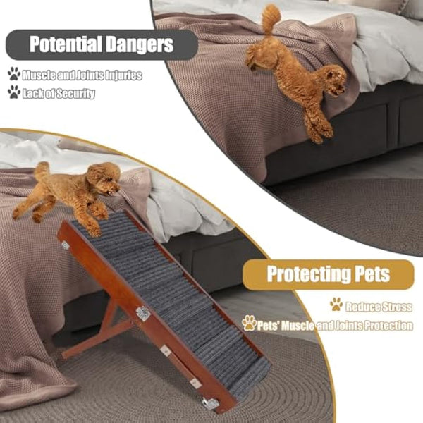 Umtiti Brown Wooden Framed Folding Portable Pet Ramp. 4 Levels Adjustable 9" to 17.3" with Non-Slip 5 Paw Traction Mat for Small Medium Doggie. Dog Ramps-80penBN,UK