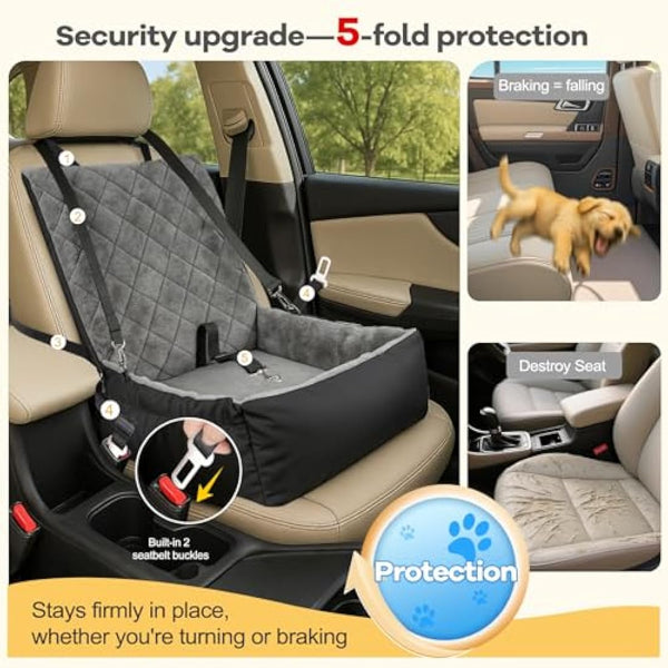 Dog Car Booster Seat for Small Dogs, Black Plush & Cosy Pet Travel Bed with Storage Pocket, Washable & Scratch Proof Pet Car Seat Bed for Back and Front Seat, Comes with a Safety Leash, Black