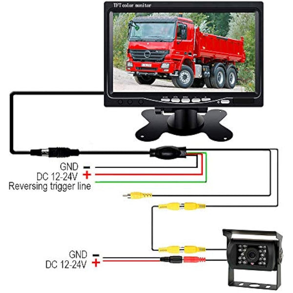 Reversing Camera Kit, 18LEDs IR Night Vision Waterproof Rear View Reversing Backup Camera with 10M Cable +12V-24V 7" Car TFT LCD Screen HD Monitor for Large Truck/Bus/RV/Trailer/Tractor/camper