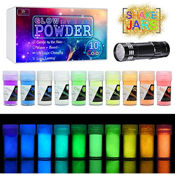 10 Colour Glow In The Dark Pigment Powder with UV Lamp - Epoxy Resin Luminous Powder Skin Safe Long Lasting Self Glowing Dye for DIY Nail Art,Acrylic Paint,Fine Art, 20g Each(Total 7oz)