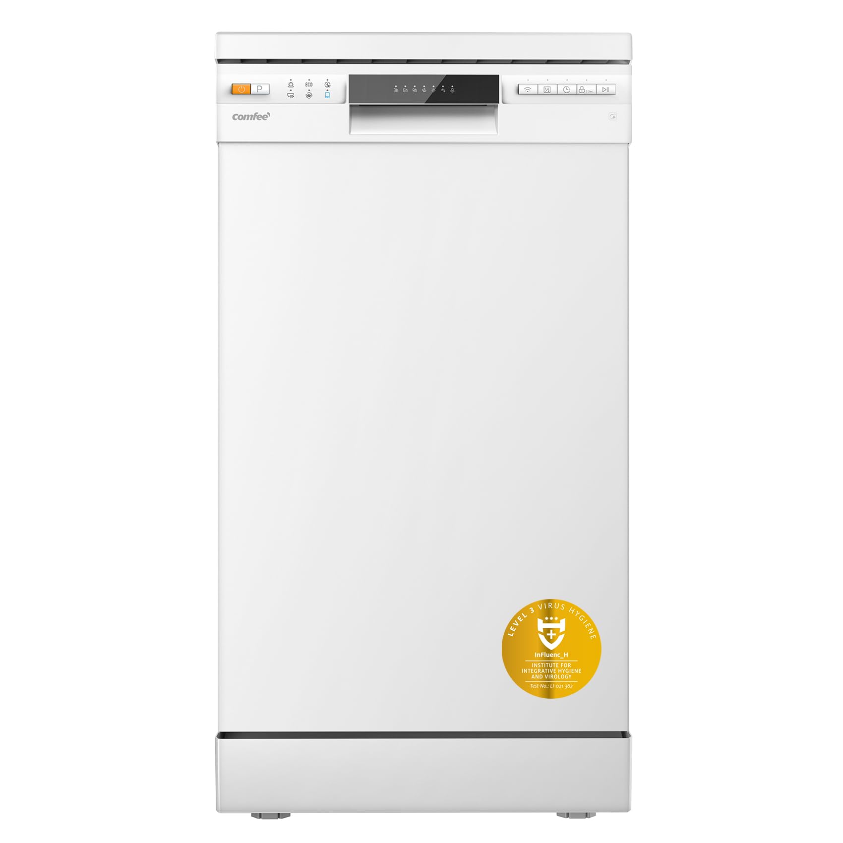 COMFEE' Freestanding Dishwasher CDWEF1034BW-UK 45cm Width, Slimline Dishwasher with 10 place settings, Quick Wash, Hygiene Wash, Delay Start, Half Load, Adjustable Basket - White