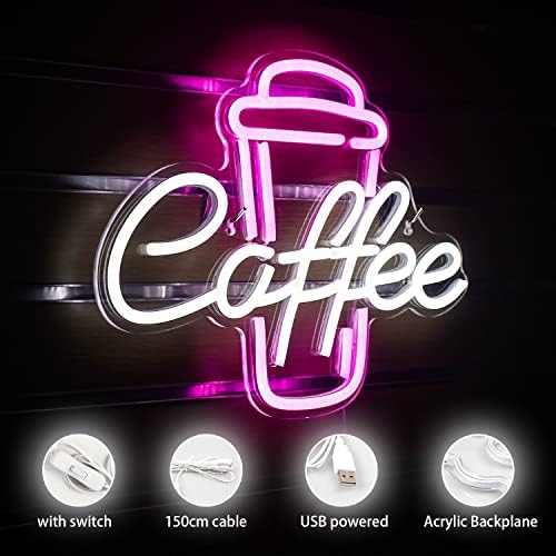 Ineonlife Coffee Neon Light Sign Pink Neon Signs Neon Lights White Open Sign White Letter Light Up Coffee Cup Neon Light Signs for Wall Cafe Bar Restaurant Decor