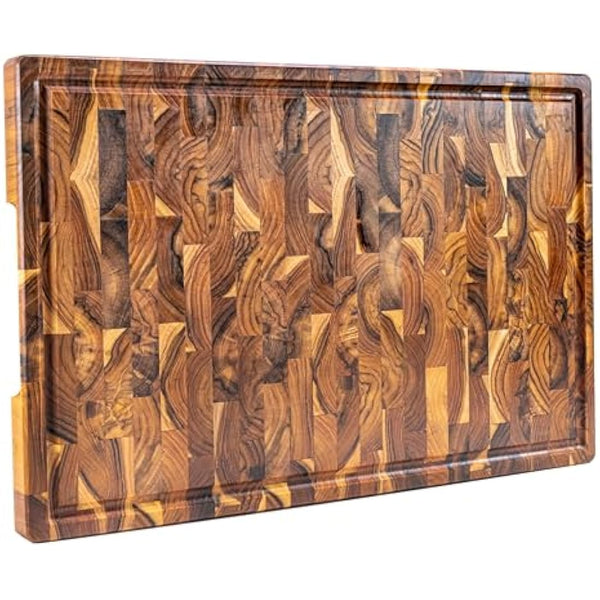Erreke Wooden Chopping Boards, End Grain Extra Large Teak Wood Chopping Board, Non-Slip Feet, Ideal for Kitchen or Barbecue, Serve or Chop Food Meat Cheese Bread, 58 x 38 x 3.2 cm (with Juice Groove)