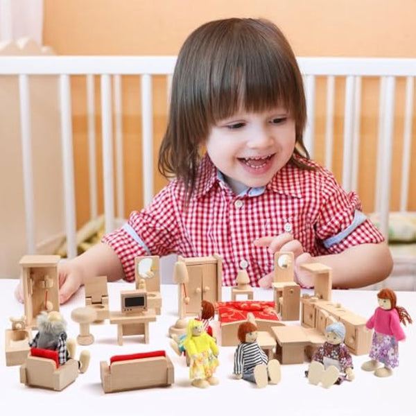 KABENFIS 39PCS 5 Set Dollhouse Furniture Accessories with a family of 6 dolls Decoration Pretend Play Toys for girls boys