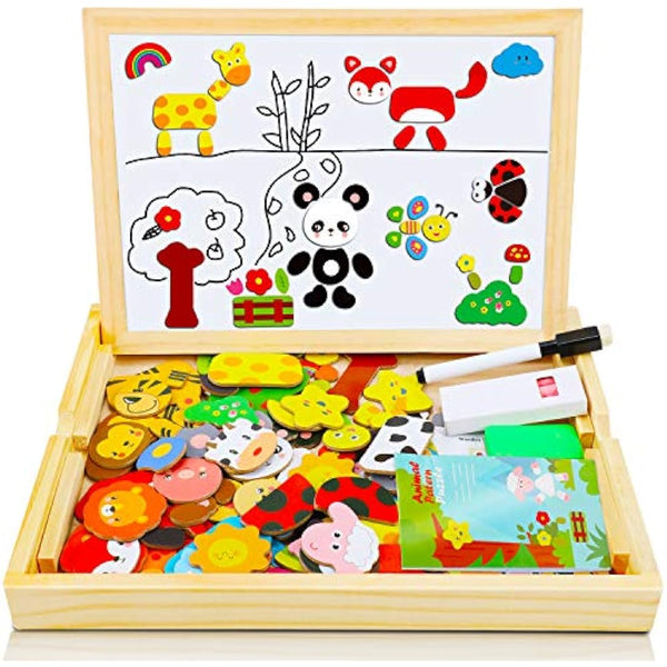 COOLJOY 100+ PCS Wooden Magnetic Puzzle, Magnetic Puzzle Board, Cute Pets Pattern Games Double Sided Jigsaw, Educational Drawing Easel Blackboard Wood Toys For Kids Up 3 Years Old Imagination