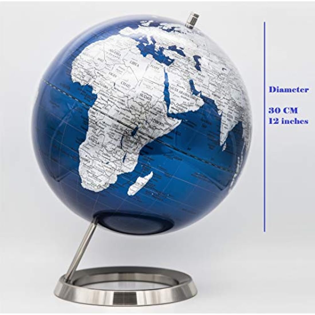 EXERZ 30CM World Globe, Metallic Blue with Stainless Steel Ring Base, Ideal for Gifting and Decoration