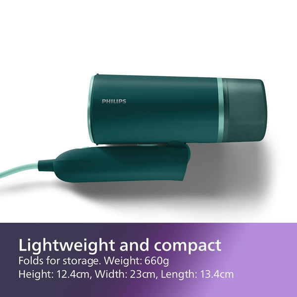 Philips 3000 Series Handheld Steamer, 1000W, 20 g/min Steam, Kills Germs, Detachable 100ml Water Tank, Compact + Foldable, Plastic Plate, Blue (STH3000/26)