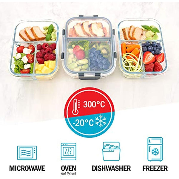 Igluu Meal Prep Glass Containers with Airtight SnapLock Lids 3 Pack 3 Compartment 980ml 33oz BPA-Free Meal Prep Containers Reusable – Borosilicate Glass, Oven Safe