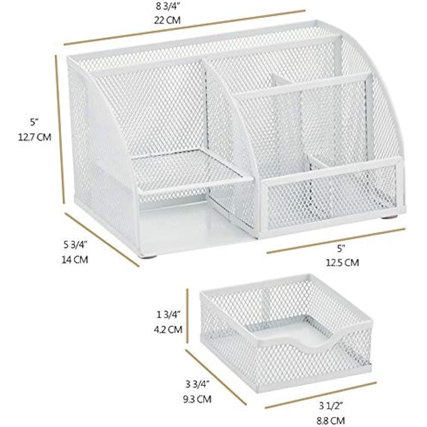 EXERZ Desk Organiser/Mesh Desk Tidy Caddy/Pencil Holder Multifunctional with 7 Compartments– White
