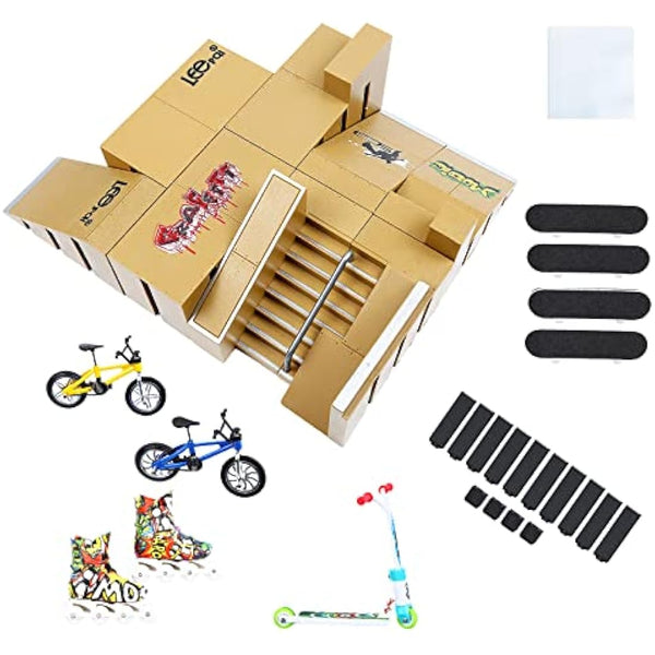 IOUGDSEC Skate Park Kit Ramp Parts for Finger Skateboard Park Kit Part Training Props with 4 Finger Decks 2 Finger Bike 1 Pair Skates and 1 Scooters