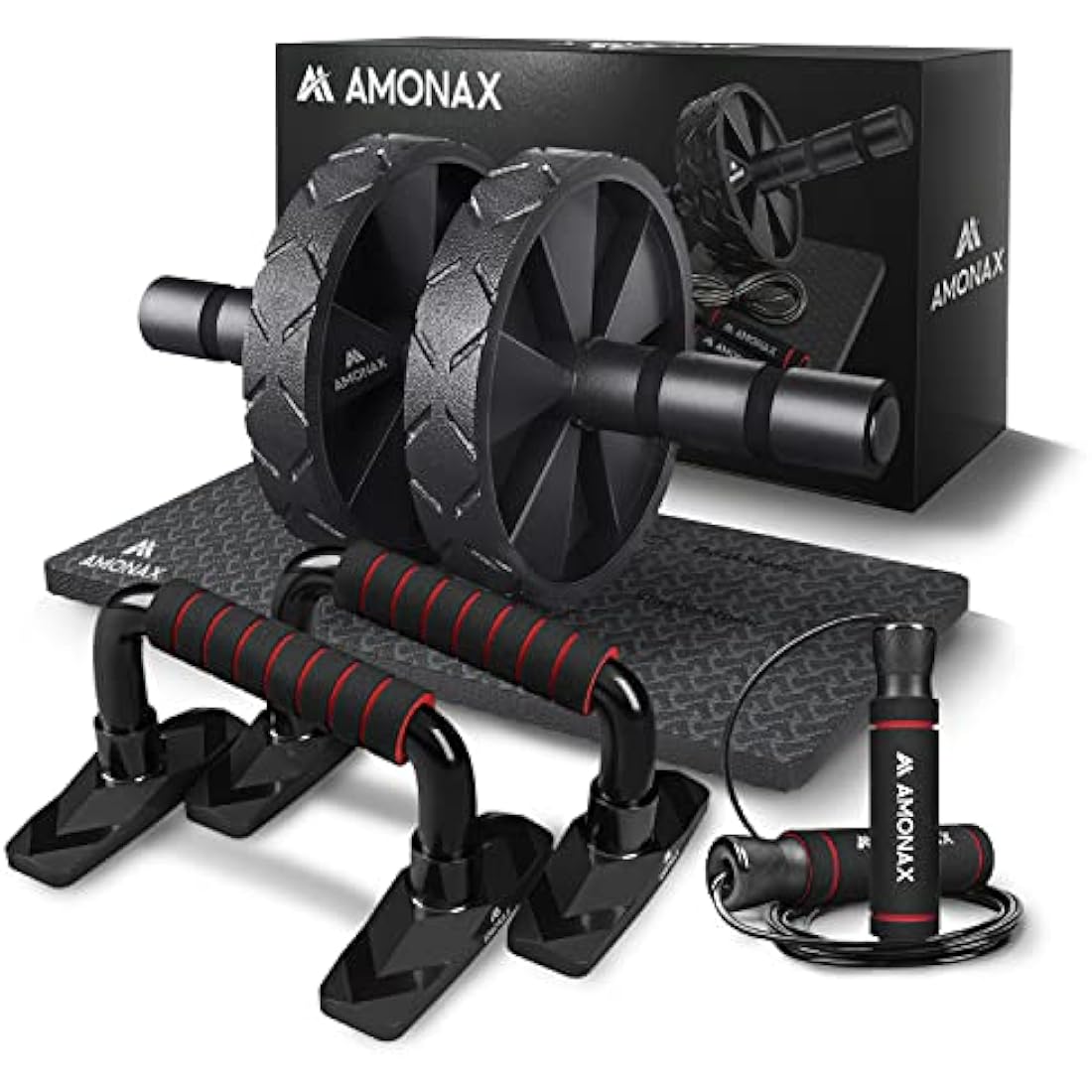 Amonax Convertible Ab Wheel Roller with Large Knee Mat for Core Abs Rollout Exercise. Double Wheel Set with Dual Fitness Strength Training Modes at Gym or Home