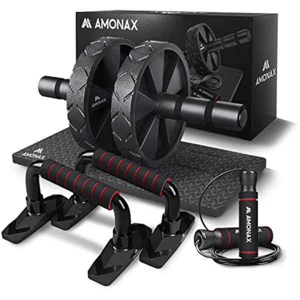 Amonax Convertible Ab Wheel Roller with Large Knee Mat for Core Abs Rollout Exercise. Double Wheel Set with Dual Fitness Strength Training Modes at Gym or Home
