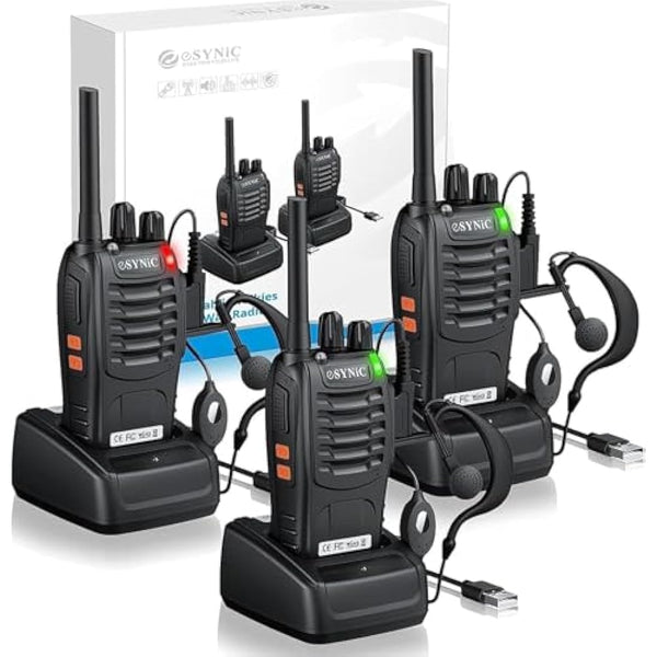eSynic 3Pack Professional Walkie Talkies for Adults Rechargeable Walkie Talkies Best 16CH Walkie Talkie Hand Free VOX Two Way Radio With Earpieces& LED Lights Wonderful Gifts For Adults Kids etc