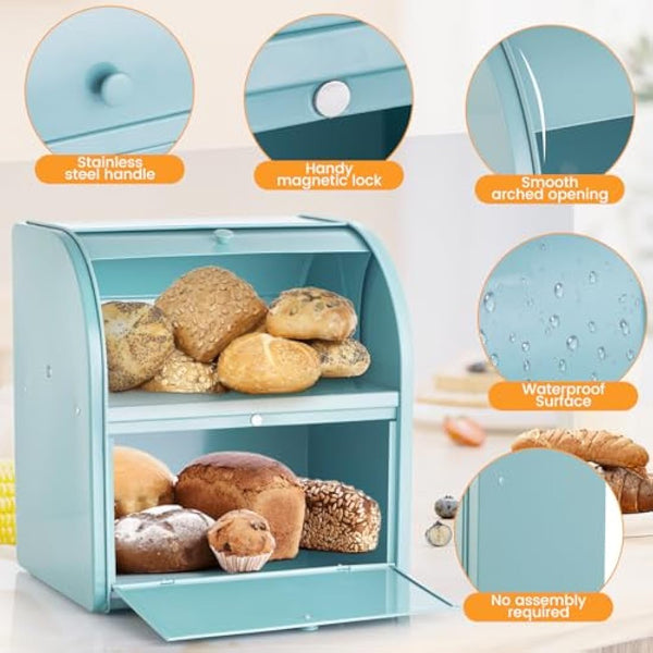 Esilihom Bread Bin, Bread Bins for Kitchen, 2-Layer | Large | Roll Top | 30 x 24.5 x 32.5cm, Green