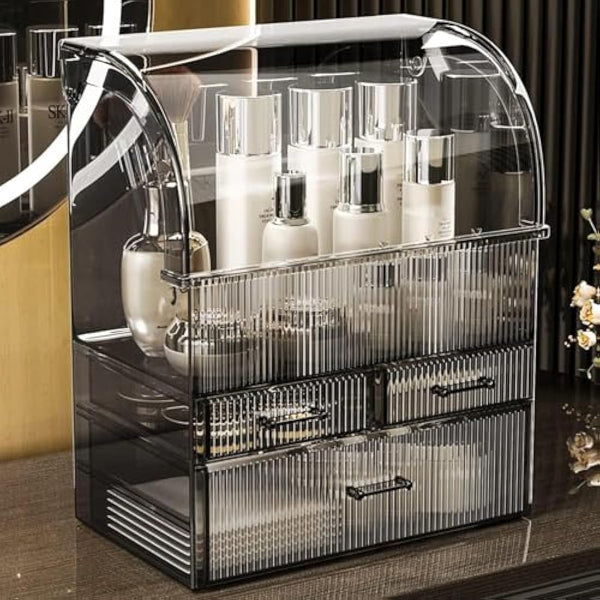 SIOOUI Acrylic Cosmetic Storage Organizer, High Capacity Cosmetics Storage Display Case with Drawers, Perfume Makeup Organizer Box with Water Proof Cover for Bedroom Vanity Desk, Bathroom(Black-XL)