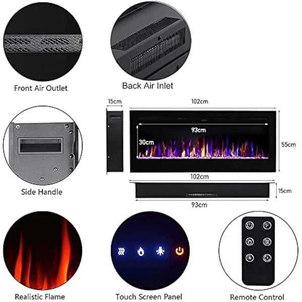 INMOZATA Electric Fire Wall Mounted Recessed Insert 40 50 60 inch Electric Fireplace with Touch Remote Control 9 LED Color Flame Effect Electric Fire Heater, Crystal and Log Set