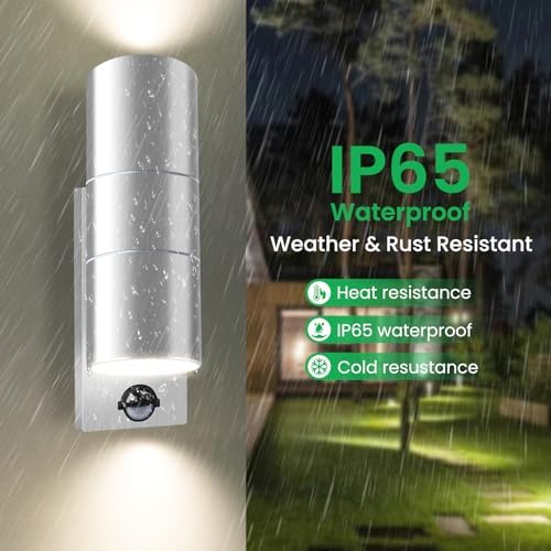 ALUSSO LIGHTING Up Down LED Wall Light PIR Motion Sensor 8W 750LM Stainless Steel Lamp, with GU10 Bulbs 3000K 4000K 6000K Adjustable, Outdoor Security Light IP65 Waterproof for Hallway Porch, Silver