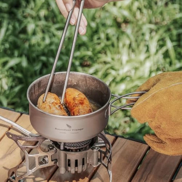 iBasingo Titanium Camping Pots Pans Set Lightweight Outdoor Backpacking Cookware with Folding Handle Compact Cooking Mess Kit Portable Travel Cookset, Rust-proof, Non-toxic