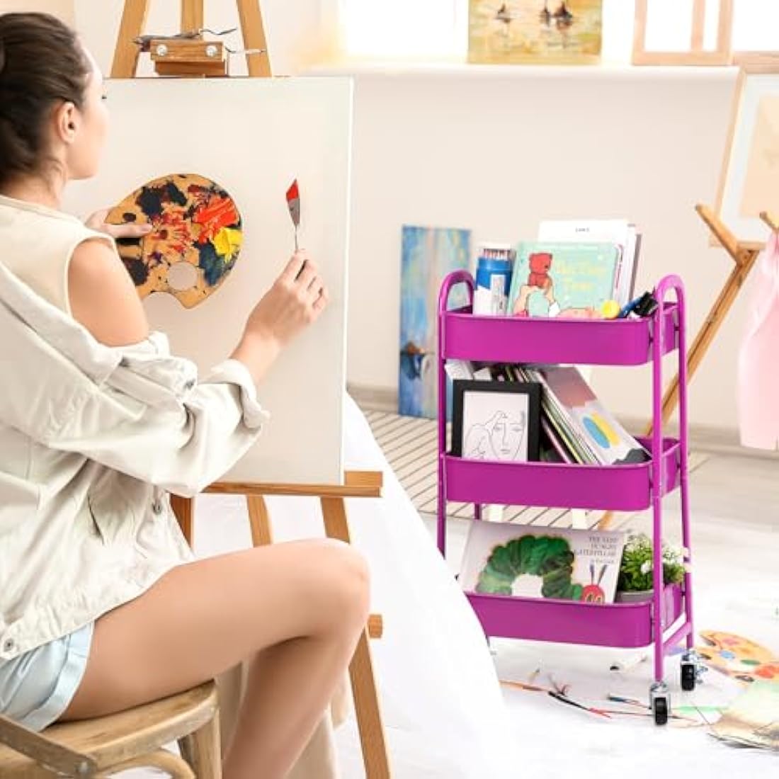 DOEWORKS Storage Trolley Metal 3-Tier Storage Cart on Wheels Rolling Kitchen Trolley Craft Trolleys Beauty Trolleys Utility Shelves for Books Room Bathroom Office, Dark Purple