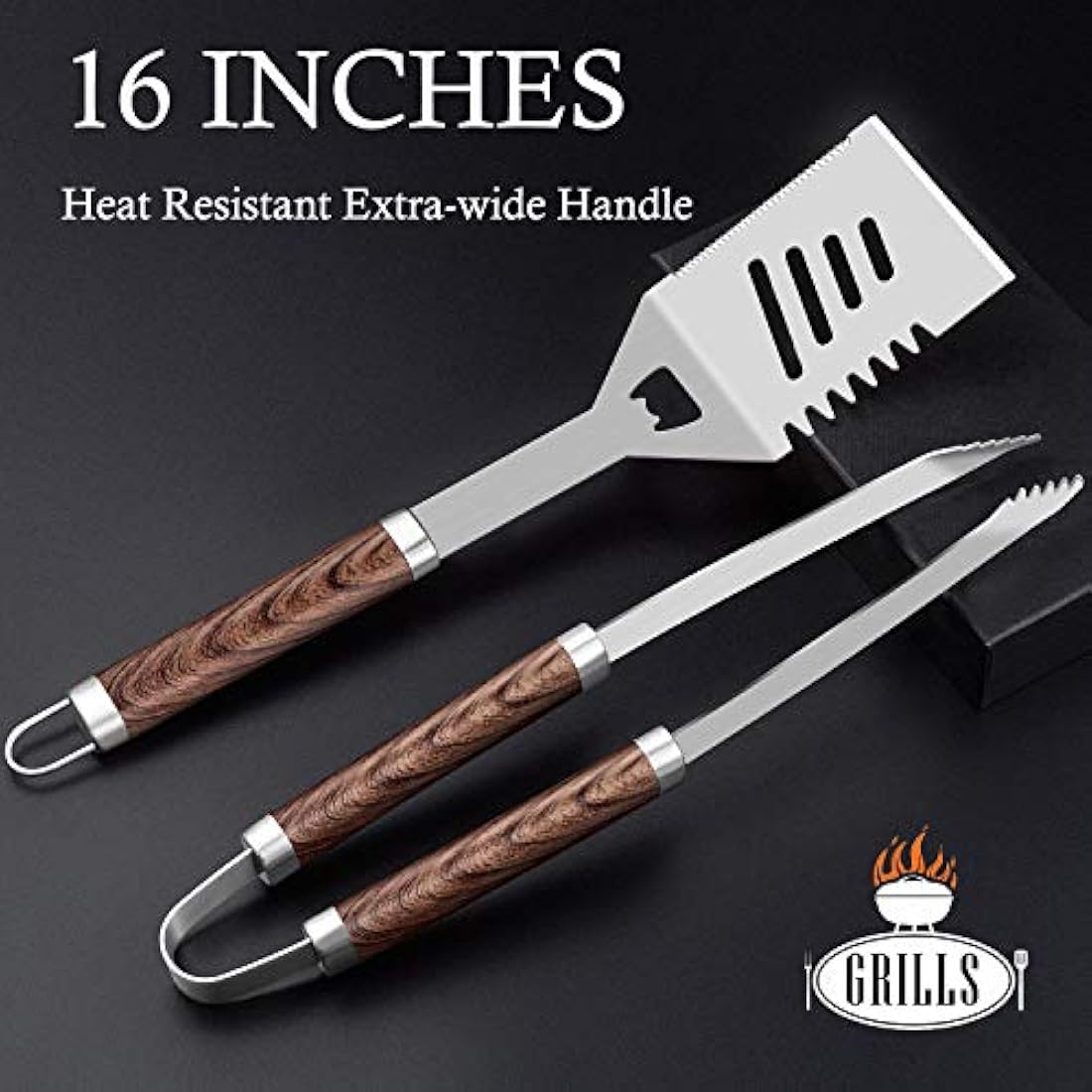 ROMANTICIST 29pcs BBQ Grill Tool Set for Men Dad, Heavy Duty Stainless Steel Grill Utensils Set, Non-Slip Grilling Accessories Kit with Thermometer, Mats in Aluminum Case for Travel, Outdoor Brown