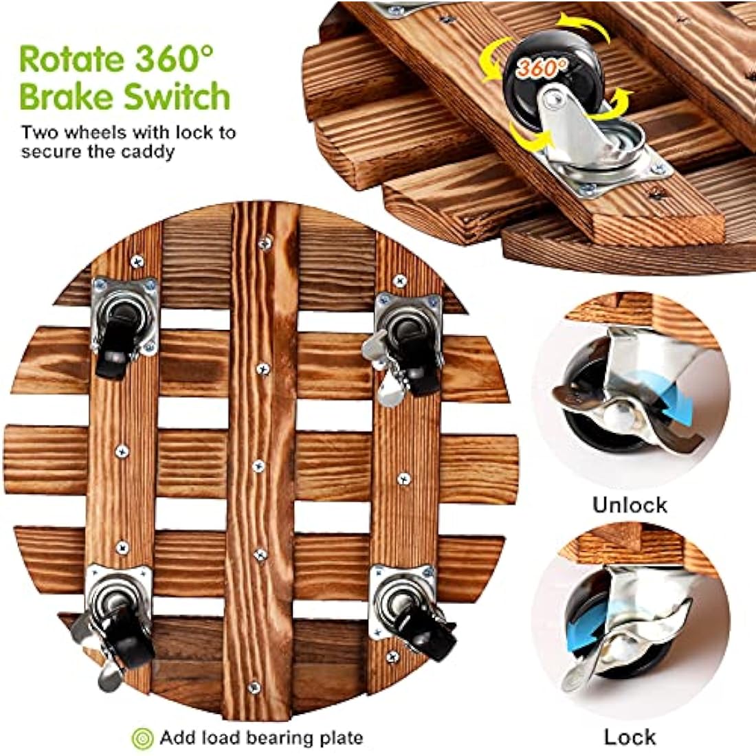 2 Pack Plant Caddy Wooden Plant Stand with Wheels 12 Inch-30 CM Round Plant Roller with Metal Lockable Caster Wheels Heavy Duty Rolling Plant Stand Plant Dolly