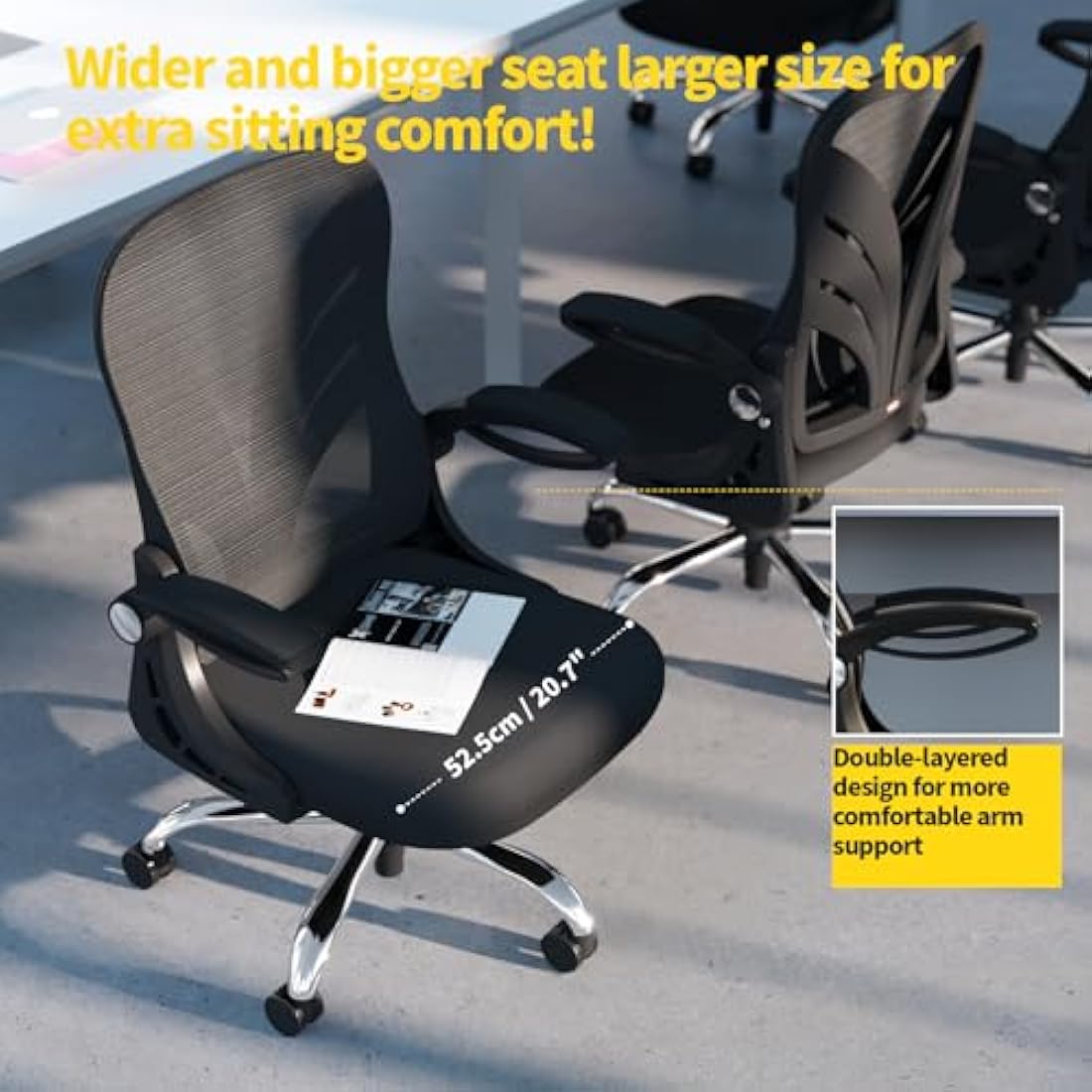 HOLLUDLE Ergonomic Office Chair with Foldable Backrest, Computer Desk Chair with Flip-up Armrests, Mesh Lumbar Support and Tilt Function Big and Tall Office Chair, Black