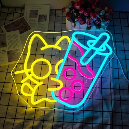 Horseneon Boba Tea Cat Neon Sign Drink Cat Neon Light for Wall Bubble Tea Neon Signs Drink Led Neon Lights for Bedroom Dessert Stores Bar Living Room Store Beverage Shop