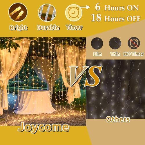 Joycome 2 Pack 600 LED Curtain Lights 6m x 3m Curtain Fairy Lights Plug in, 8 Modes Waterproof Window Lights for Gazebo Wall Wedding Xmas Indoor Outdoor Decorations - Warm White