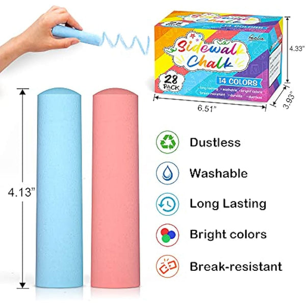 feela 28 Pack Jumbo Chalks for Children, 14 Coloured Sidewalk Chalks for Kids Toddlers, Pavement Outdoor Chalk Set for Painting on Sidewalk School Chalkboard Blackboard Street Playground