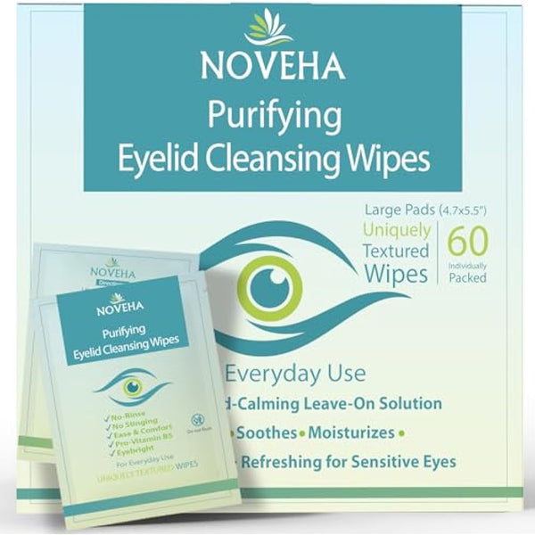 Antimicrobial Eyelid & Lash Wipes | For Itchy, Dry Eyes, Styes & Blepharitis, Gentle & Natural 0.02% Pure Hypochlorous Acid Cleansing Wipes, Hypoallergenic & Soothing For Sensitive Eyes, Pack of 60