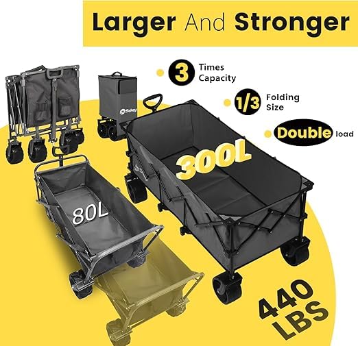 Sekey 200L Folding Festival Trolley with All-Terrain Extra Wide Wheels and Brake, Heavy-Duty Cart Loadable up to 150KG, Patented Four-Directional Foldable Design, Wagon for Beach Camping Outdoor, Grey