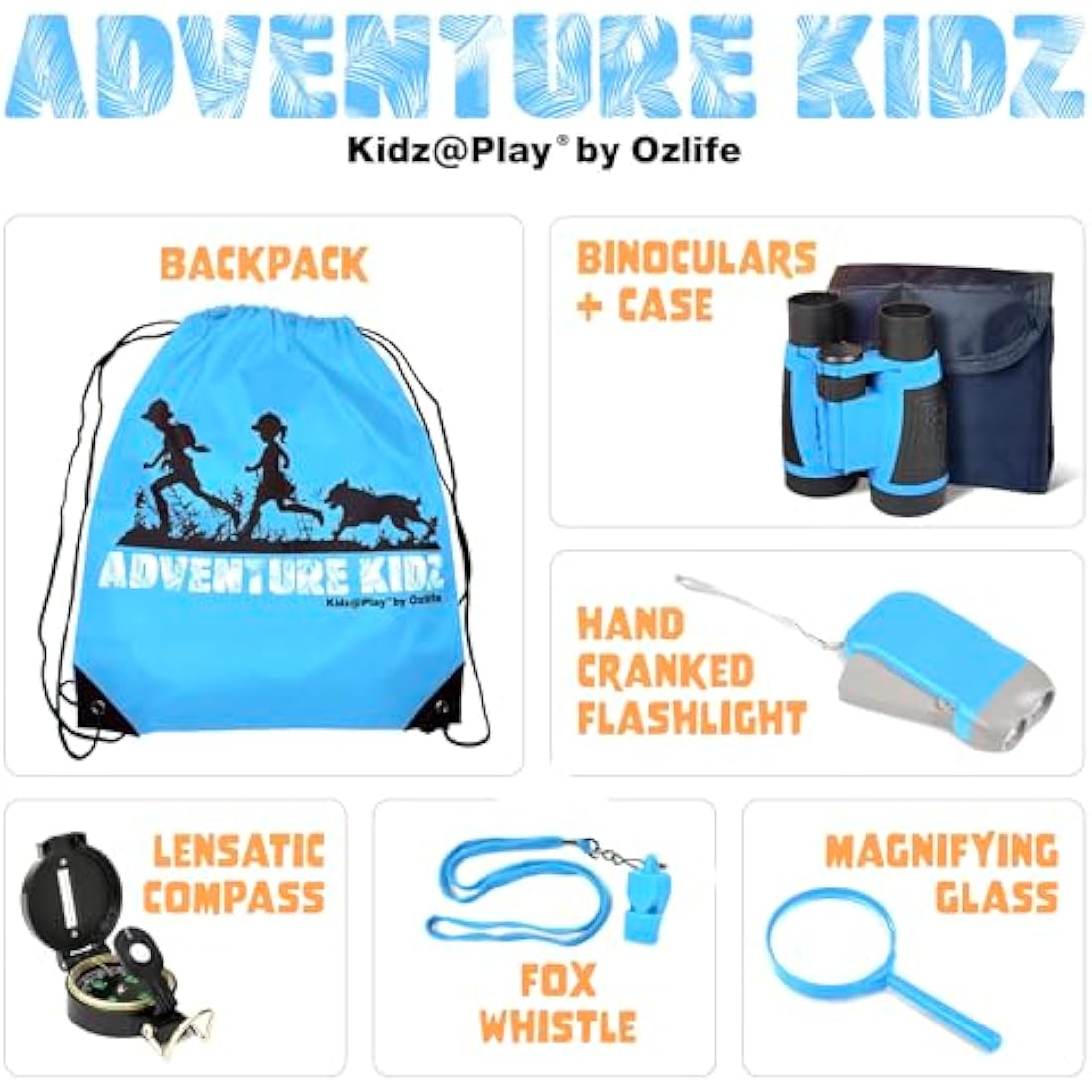 Adventure Kidz Outdoor Exploration Kit, Children’s Binoculars, Flashlight, Compass, Fox Whistle, Magnifying Glass, Backpack. Great Gift Set for STEM, Pretend Play, Ages 3+