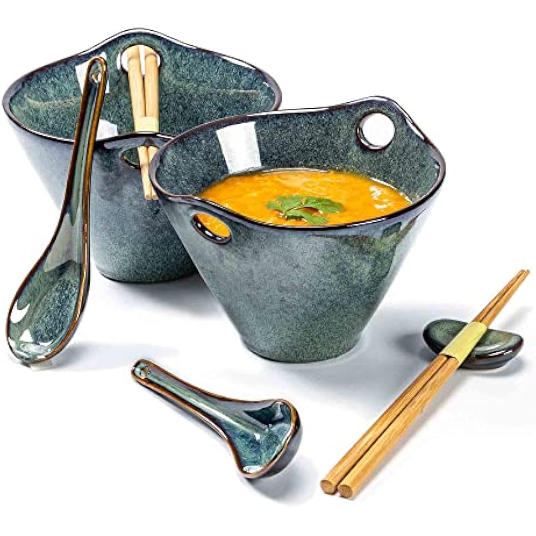 Henten Home Soup Bowls, Large Vintage Noodles Bowl 600ml, Ceramic Ramen Bowls with Spoon and Chopsticks, Japanese Bowl Set of 2 for Udon Soba Pho Asian Noodles - Green