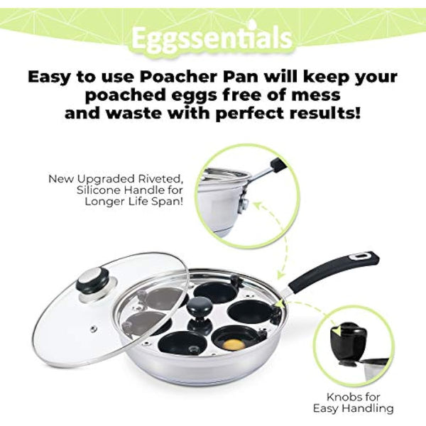 Eggssentials Poached Egg Maker - Nonstick 6 Egg Poaching Cups - Stainless Steel Egg Poacher Pan Food Grade Safe PFOA Free with Bonus Spatula